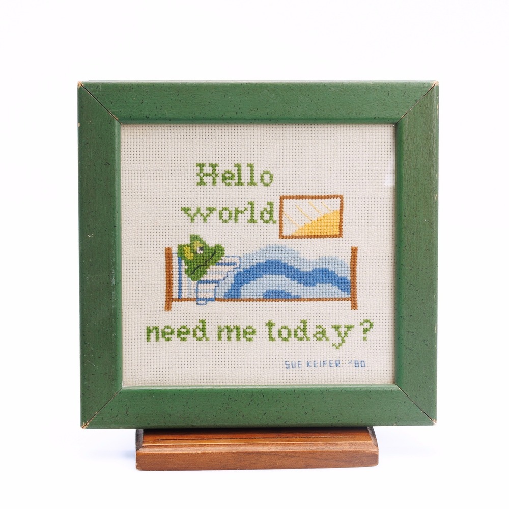 Vintage 1980 Frog Cross Stitch Hello World Need Me Today Framed